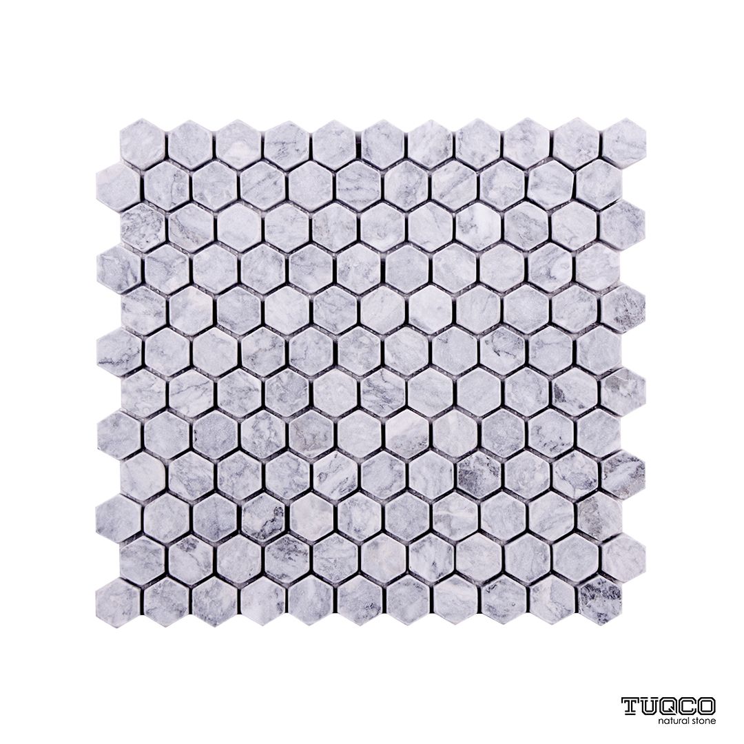 Platinum Grey tumbled marble hexagon mosaic full sheet showing the silver-grey stone
