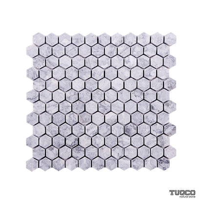 Platinum Grey tumbled marble hexagon mosaic full sheet showing the silver-grey stone