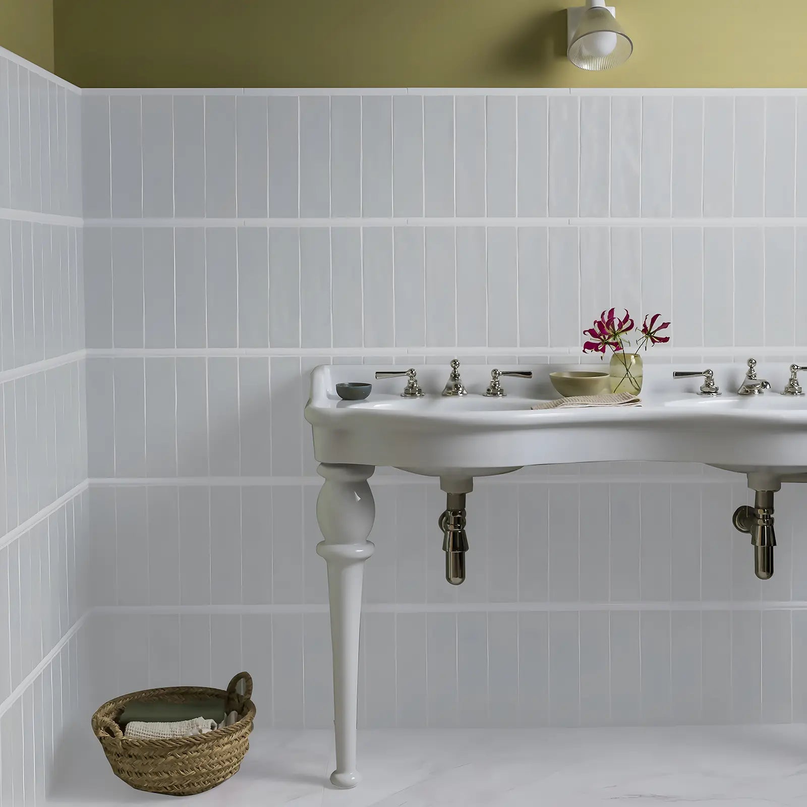 Belgravia Mist Gloss 7.5 x 30cm grey ceramic metro tiles in a room setting
