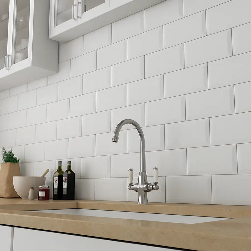 Metro White Matt Bevelled 10 x 20cm glazed ceramic metro tile room setting