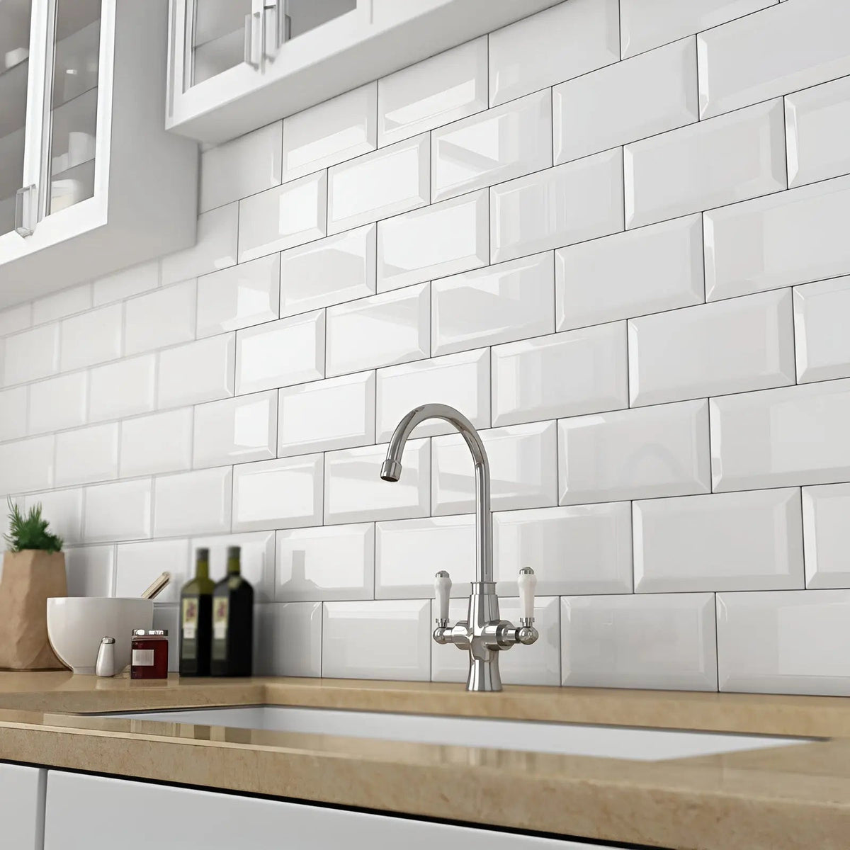 Metro White Gloss Bevelled 10 x 20cm glazed ceramic metro tile room setting