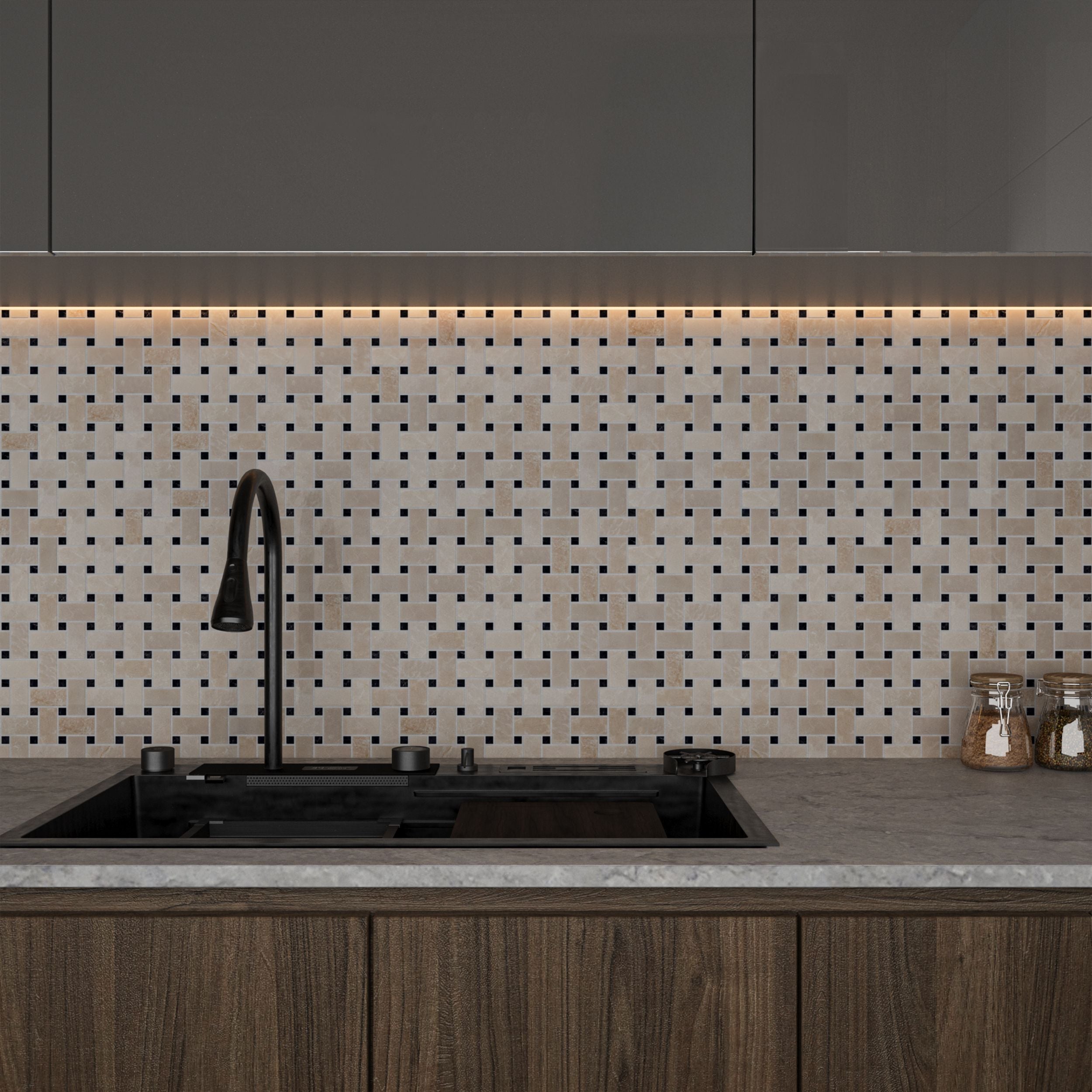 Close detail of soft caramel drifts and polished sheen on the beige marble basket weave bars