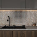 Close detail of soft caramel drifts and polished sheen on the beige marble basket weave bars
