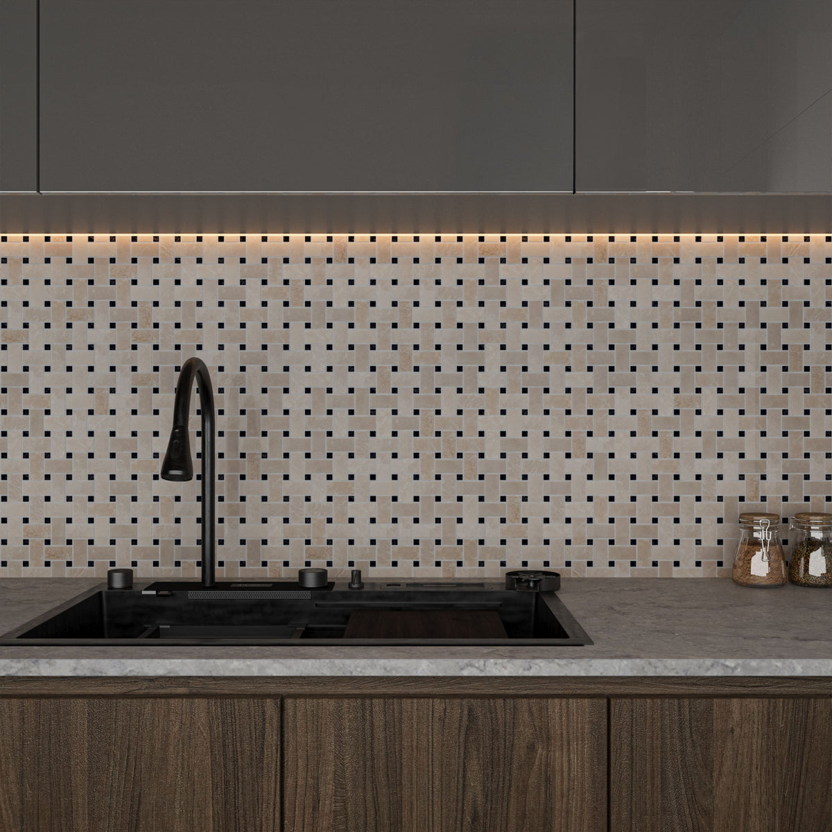 Close detail of soft caramel drifts and polished sheen on the beige marble basket weave bars