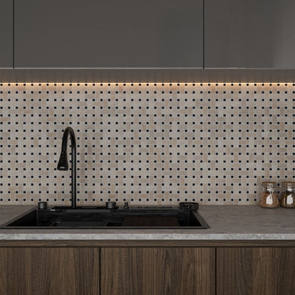 Close detail of soft caramel drifts and polished sheen on the beige marble basket weave bars