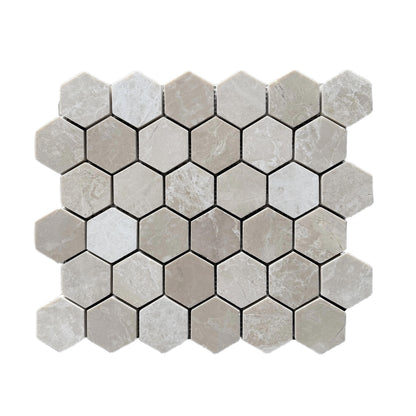 Full sheet of Belgravia Beige polished marble hexagon mosaic laid flat
