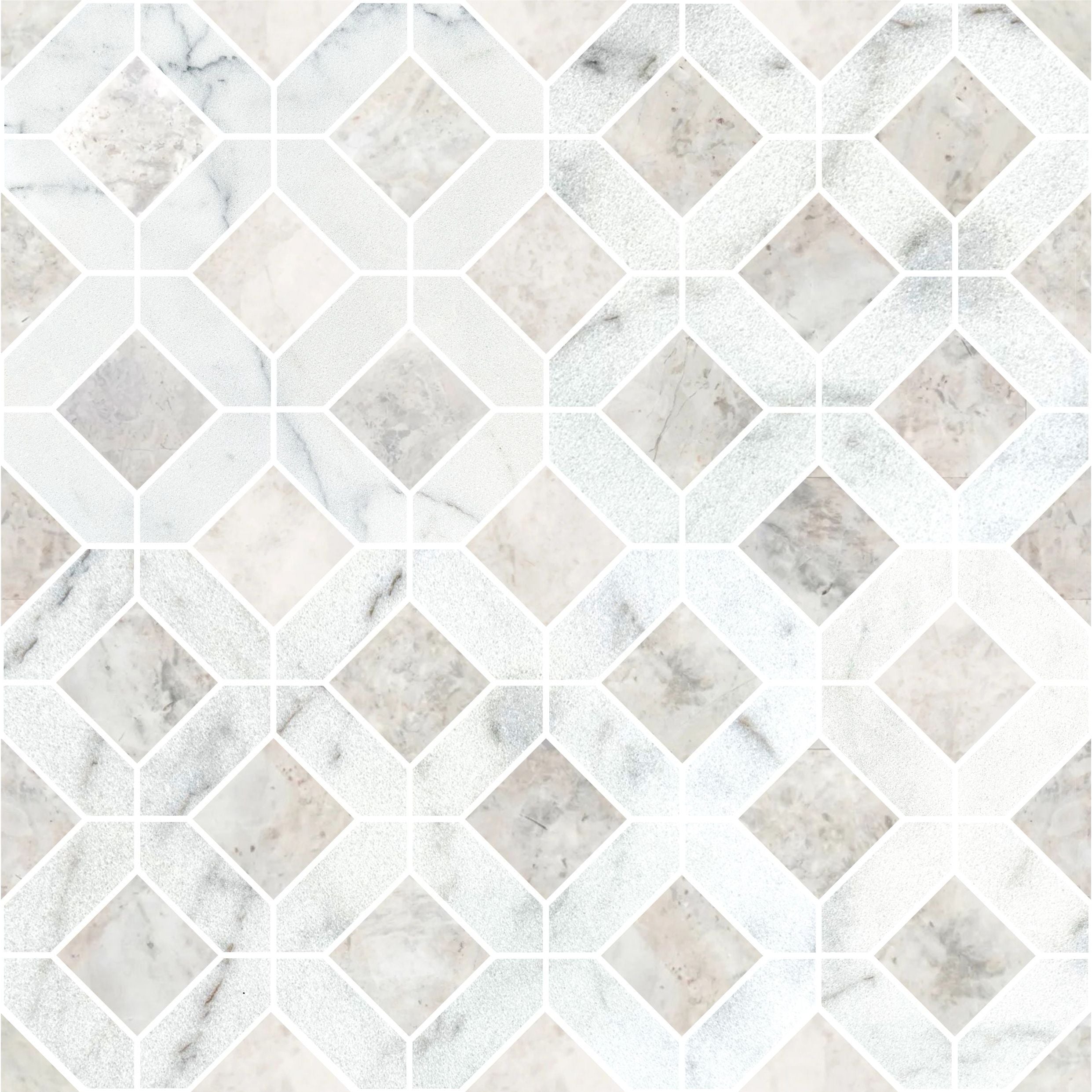 Close detail of the Nimbus grey marble bars framing honed Carrara White panes