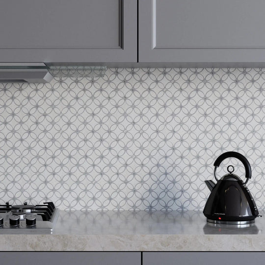 Carrara White - Platinum Grey Tumbled Marble Flower Mosaic Wall & Floor Tile