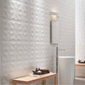 White geometric patterned wall tiles with modern 3d diamond textured design in matt finish