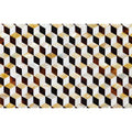 A 3d golden cube geometric pattern featuring interlocking white black and gold-toned mother-of-pearl cubes