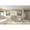 Modern bathroom with 3d golden cube featuring white marble flooring walls and gold-trimmed shelves with towels