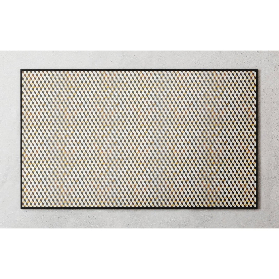 3D Golden Cube mother-of-pearl feature panel with an interlocking 3D cube pattern in beige, grey and gold tones with a black border