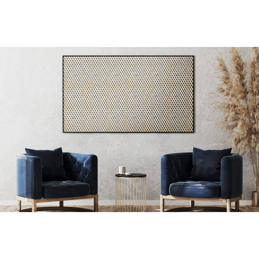 3D Golden Cube mother-of-pearl feature panel with a black frame and a beige and gold 3D cube pattern