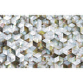 A 3d midnight cube featuring a shimmering mosaic of iridescent mother-of-pearl cubes in a geometric pattern