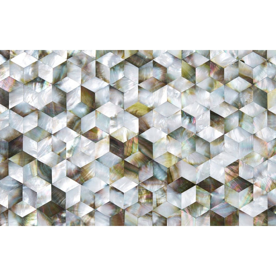 A 3d midnight cube featuring a shimmering mosaic of iridescent mother-of-pearl cubes in a geometric pattern