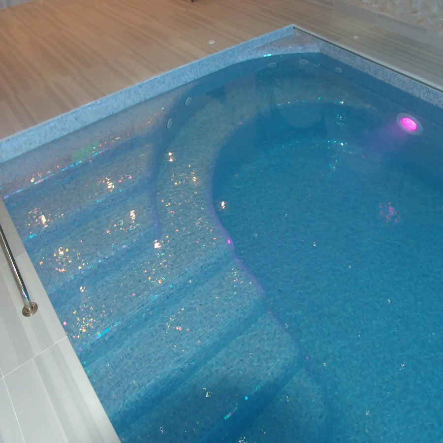 Abalon Cerulean mid blue glass mosaic tiles shown as a splashback