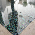 Abalon Abyss deep blue glass mosaic tiles shown as a feature wall