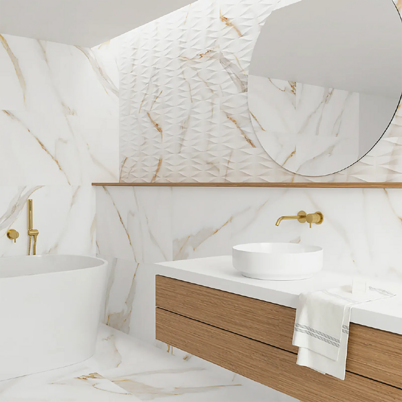Calacatta Gold Décor 32 x 62.5cm porcelain marble effect tile room setting