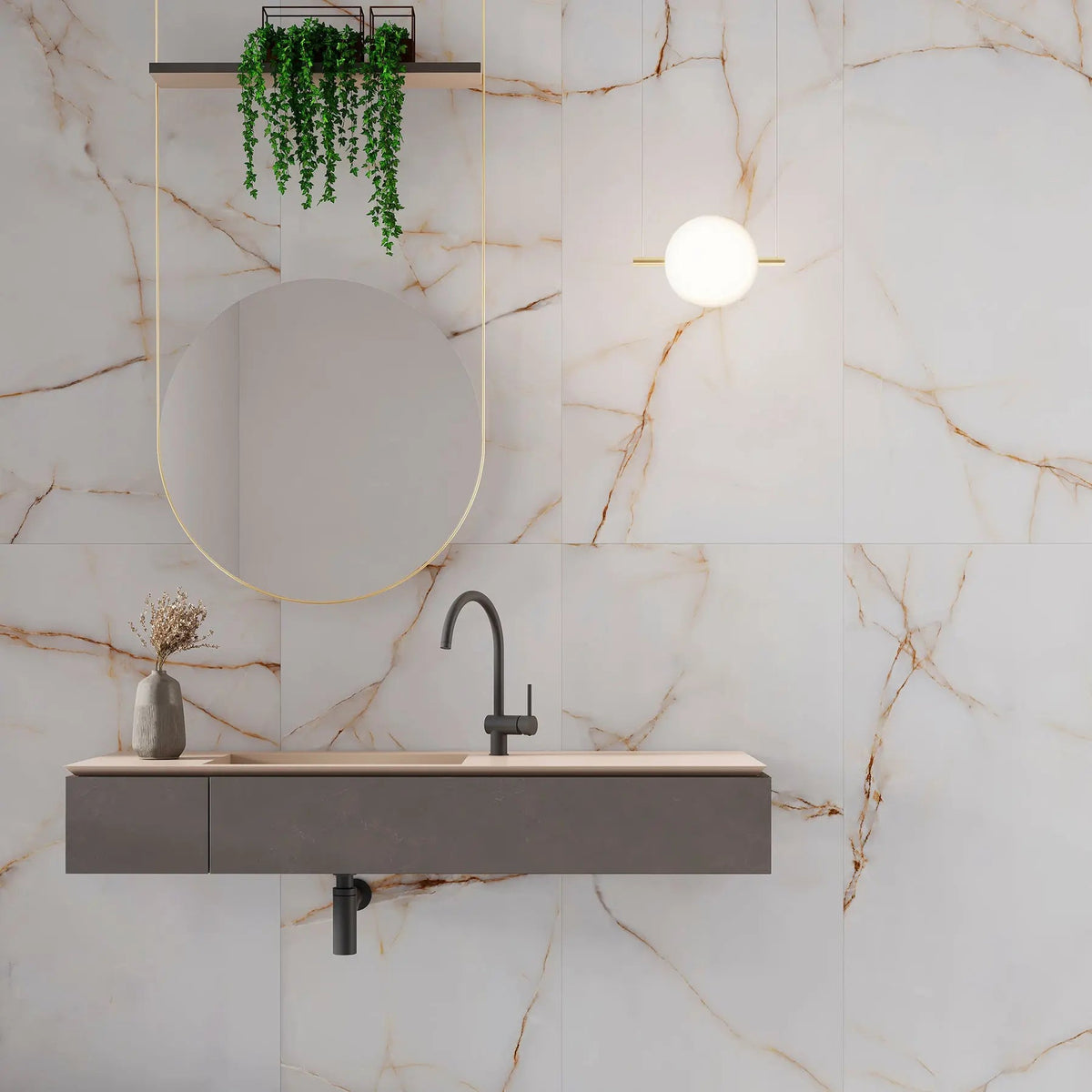 Topaz Gold 45 x 90cm glazed porcelain marble effect tile room setting