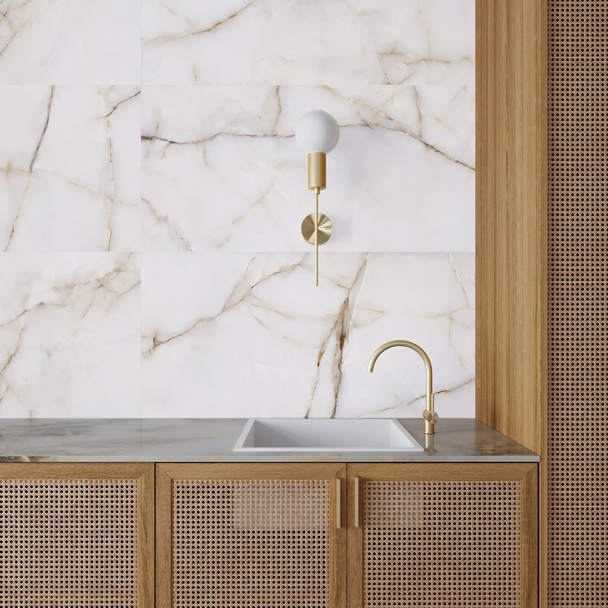 Topaz Gold 45 x 90cm glazed porcelain marble effect tile room setting