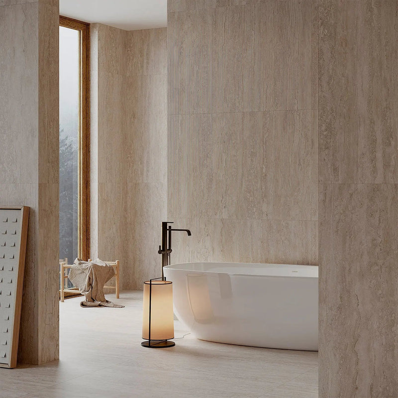 Palatino Natural Deco 45 x 90cm fluted porcelain feature wall room setting