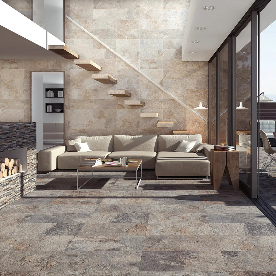 Ardesia Gris 32x62.5cm grey slate effect porcelain tiles shown as flooring