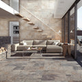 Ardesia Almond 32x62.5cm warm sand slate effect porcelain tiles in a room setting