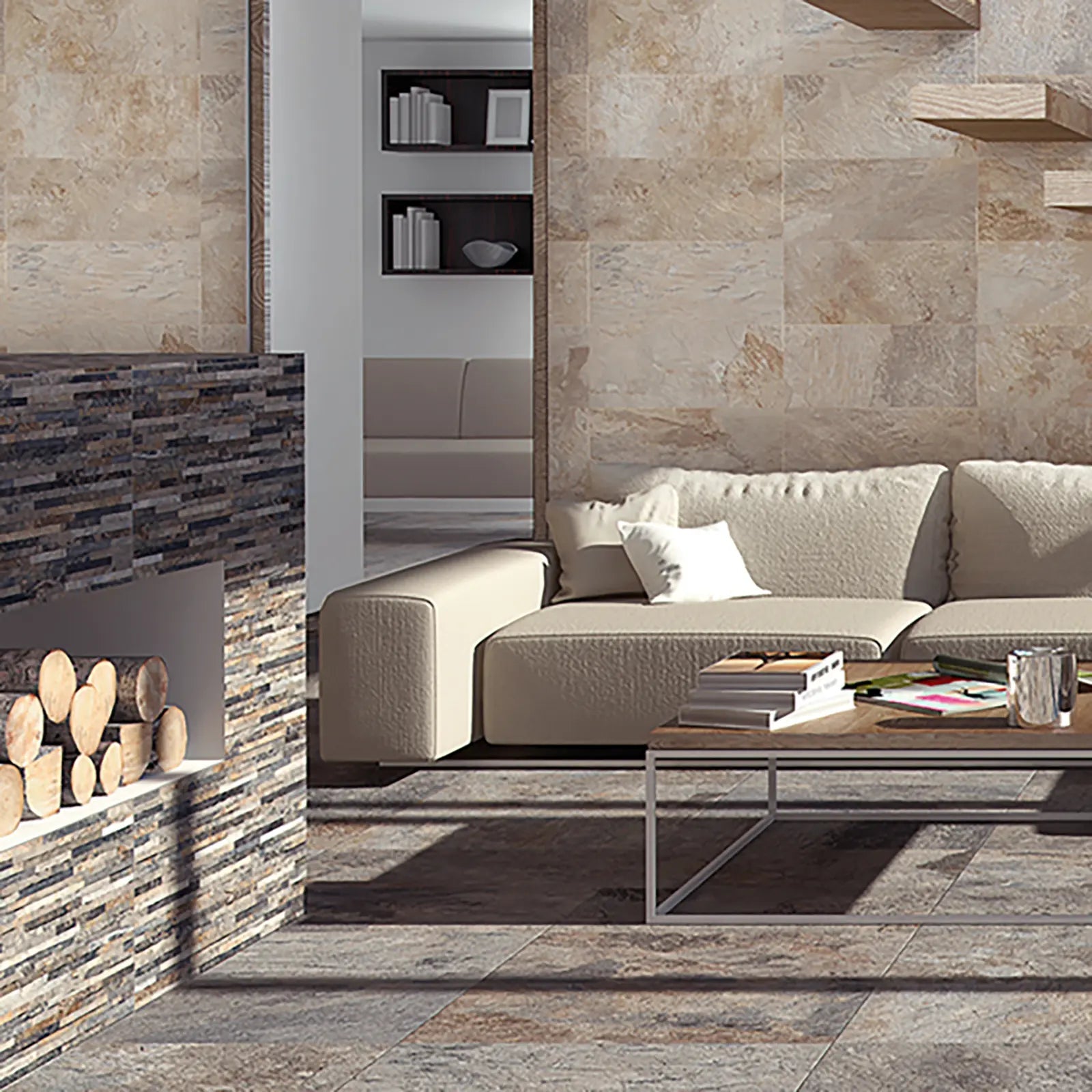 Ardesia Gris Muro 32x62.5cm grey stacked slate effect tiles shown as a feature wall