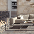 Ardesia Gris Muro 32x62.5cm grey stacked slate effect tiles shown as a feature wall