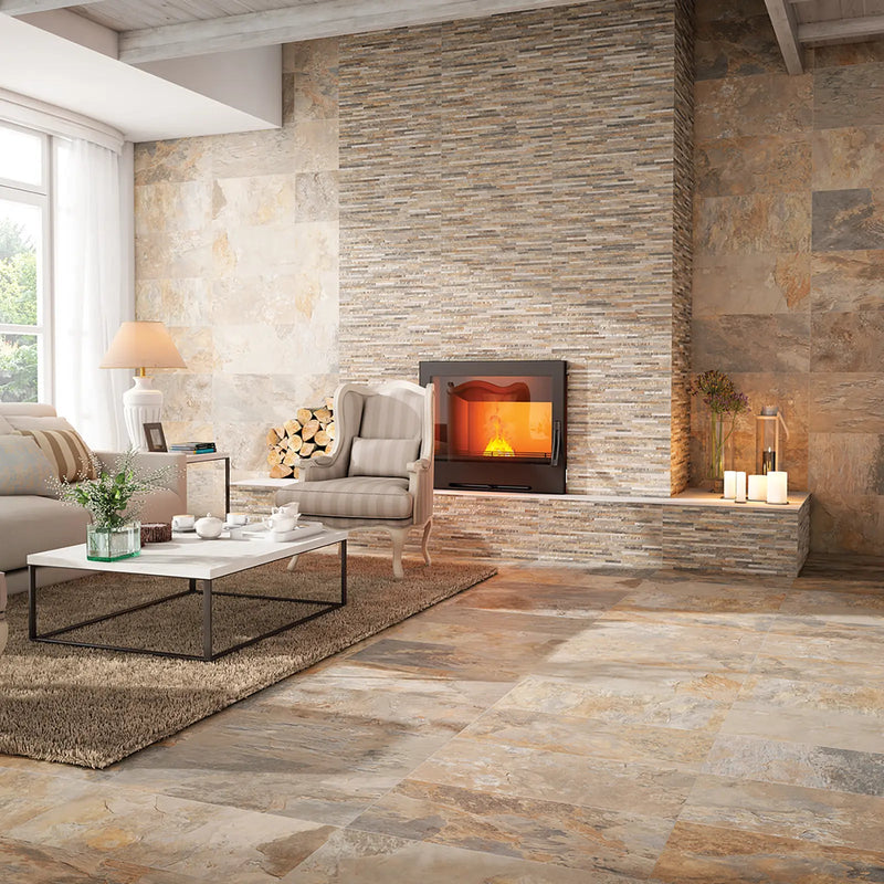 Ardesia Ocre Muro 32x62.5cm rust ochre stacked slate effect wall tiles in a room setting