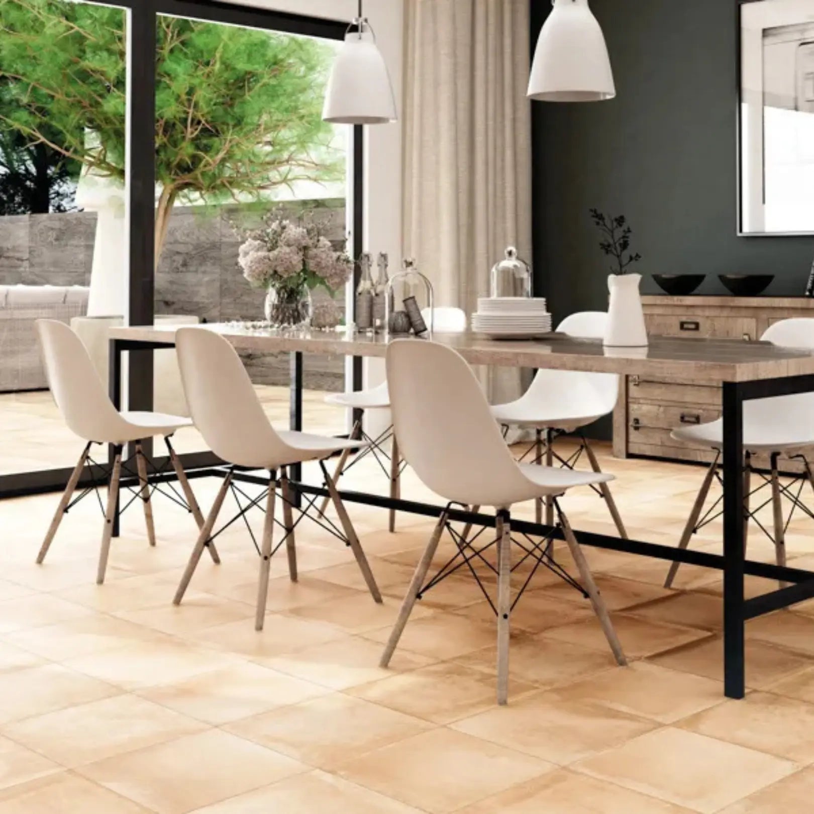 Rustic Crema rustic porcelain floor tile room setting