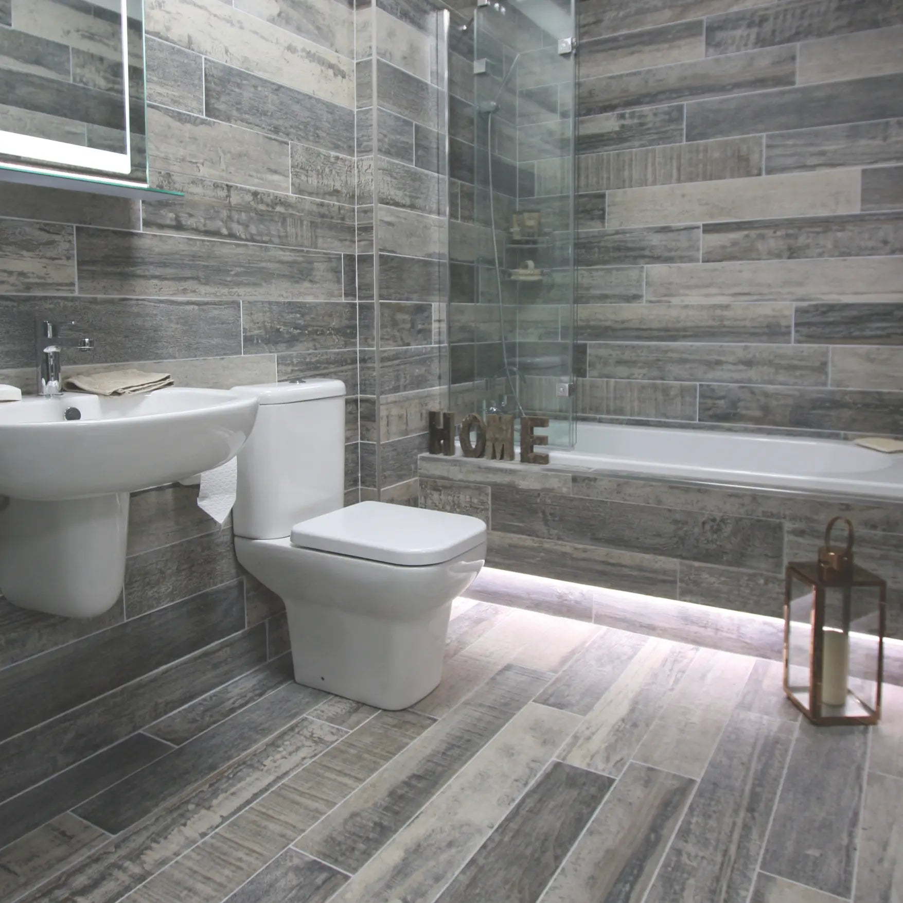 Origen Dark 15 x 90cm porcelain wood effect tile room setting
