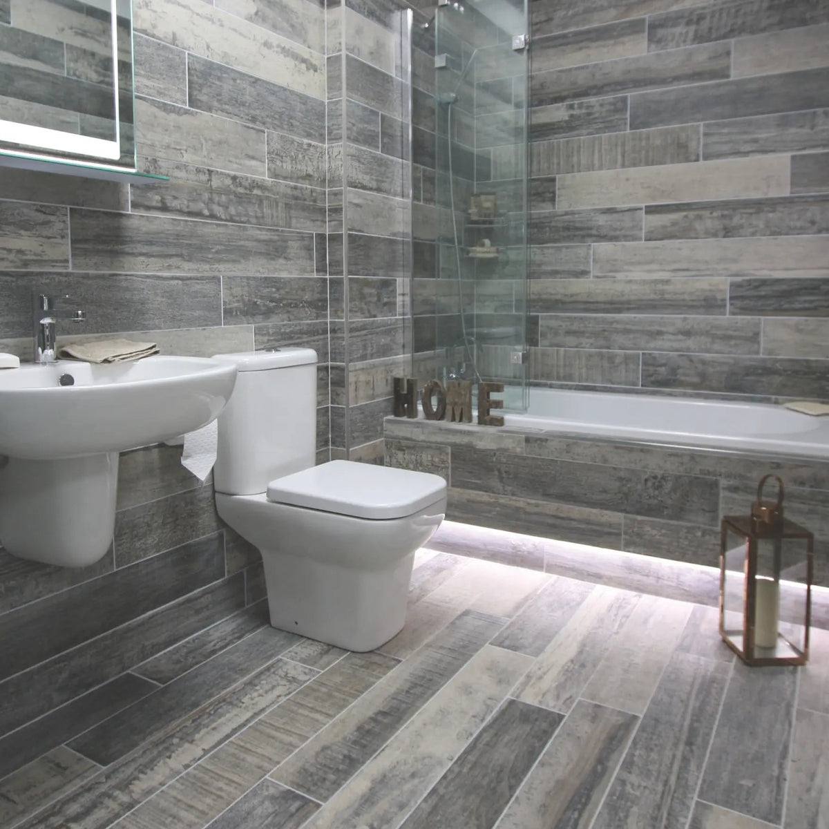 Origen Dark 15 x 90cm porcelain wood effect tile room setting