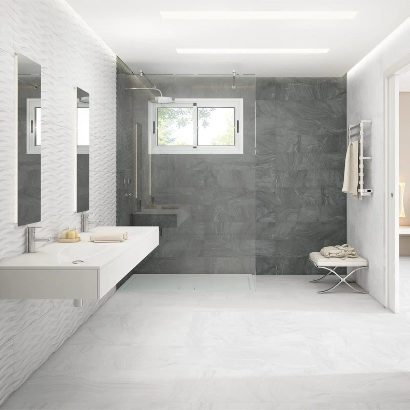 Varana Marengo 32 x 62.5cm black porcelain stone effect tile room setting