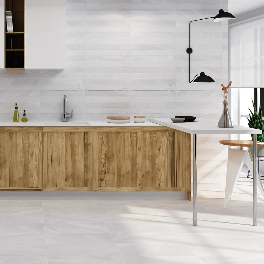 Austral Blanco 32 x 62.5cm stone effect porcelain tile room setting
