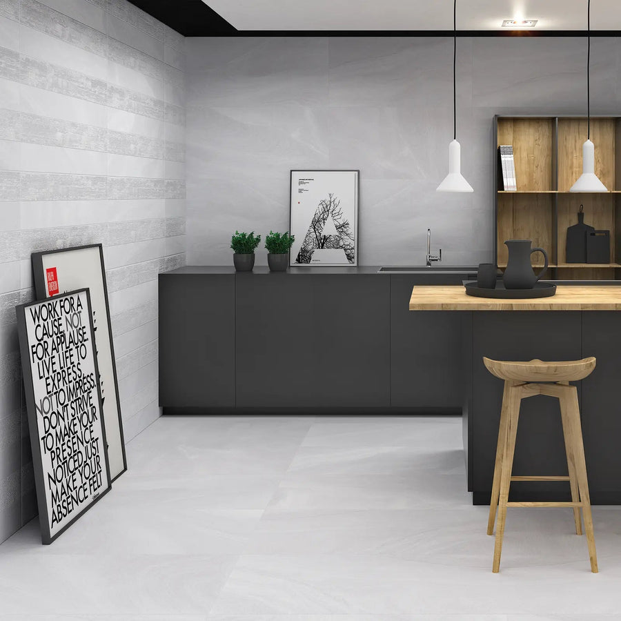 Austral Blanco Decor 32 x 62.5cm stone effect porcelain feature tile room setting