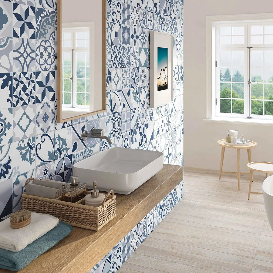 Lumier Taco Blue 16.5 x 16.5cm matt porcelain tile room setting