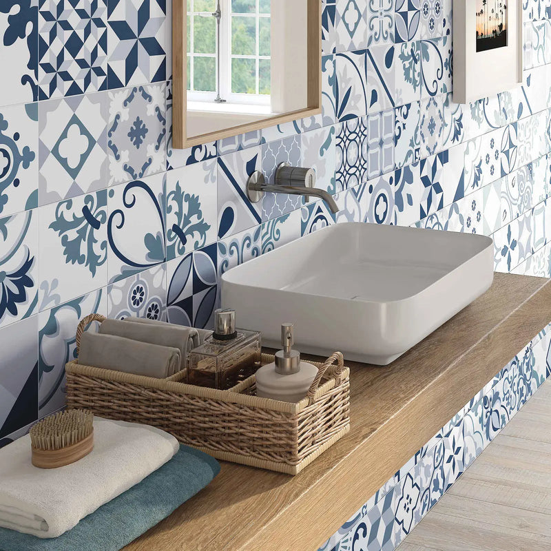 Lumier Taco Blue 16.5 x 16.5cm matt porcelain tile room setting