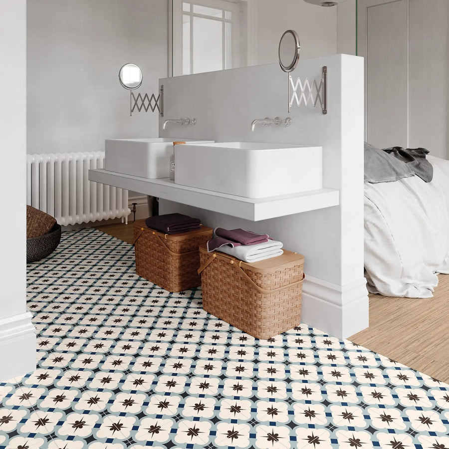 Grace Blue Taco 16.5 x 16.5cm glazed porcelain patterned tile room setting