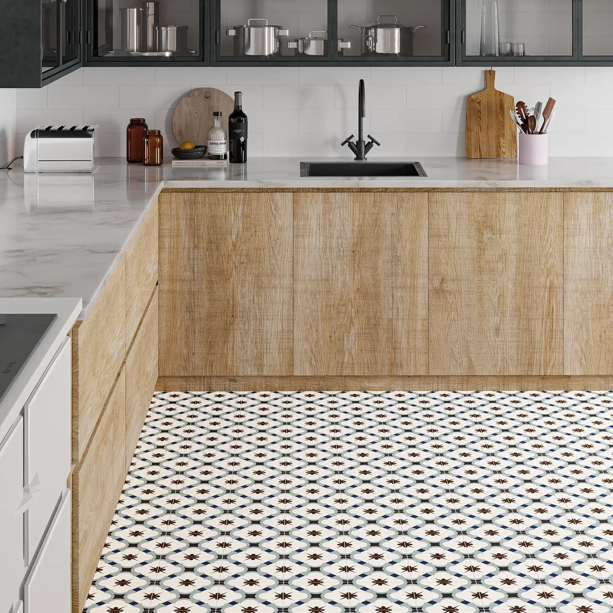 Grace Blue Taco 16.5 x 16.5cm glazed porcelain patterned tile room setting