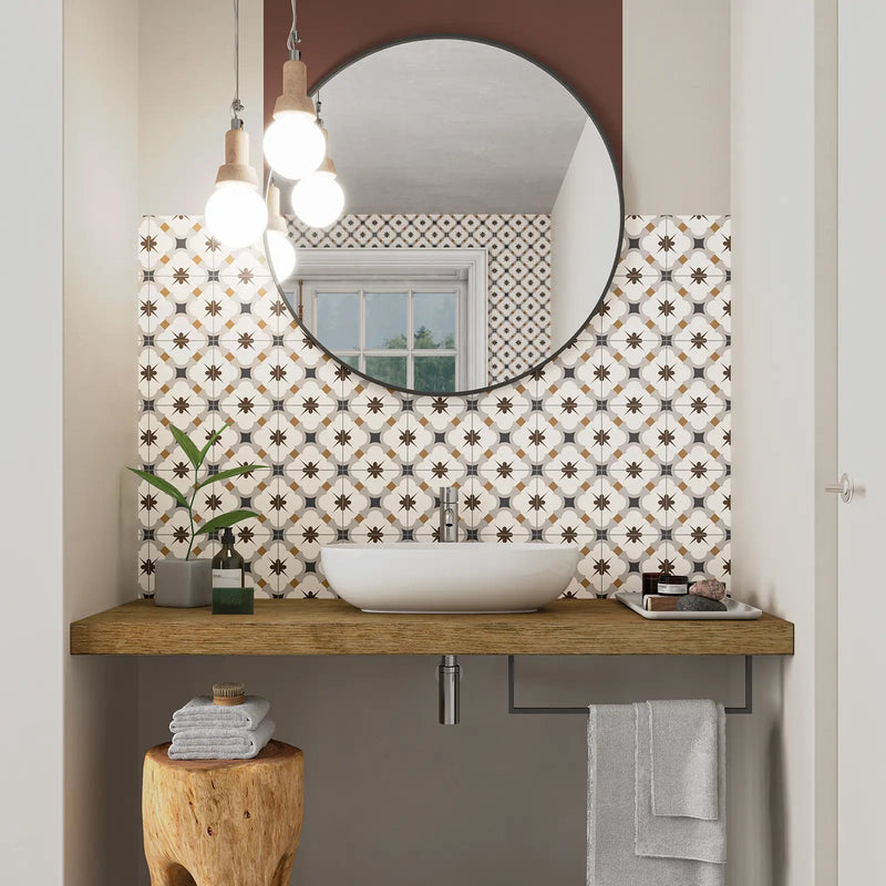 Grace Grey Taco 16.5 x 16.5cm glazed porcelain patterned tile room setting