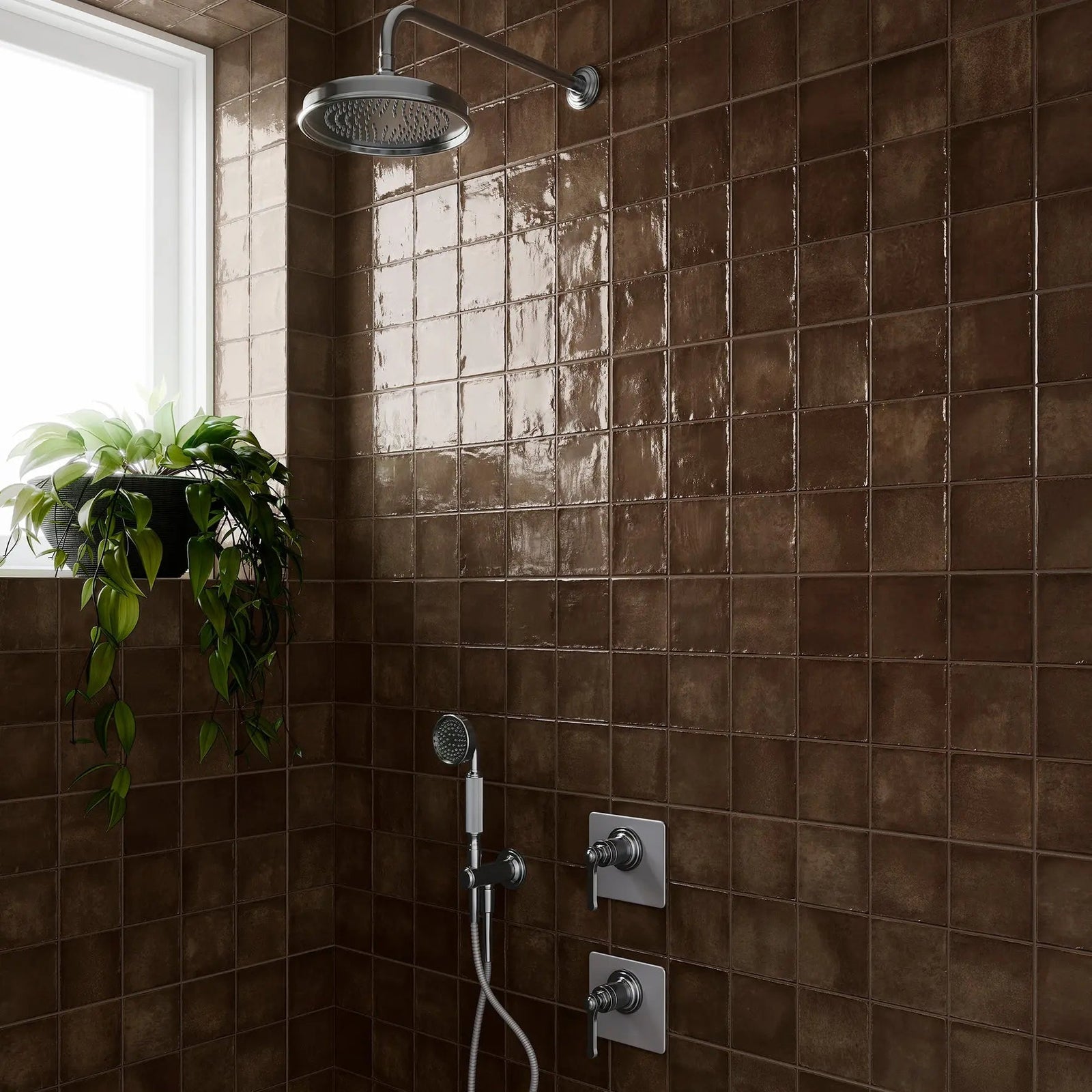 Dakota Chocolate 32 x 62.5cm Porcelain Tile in a bathroom setting