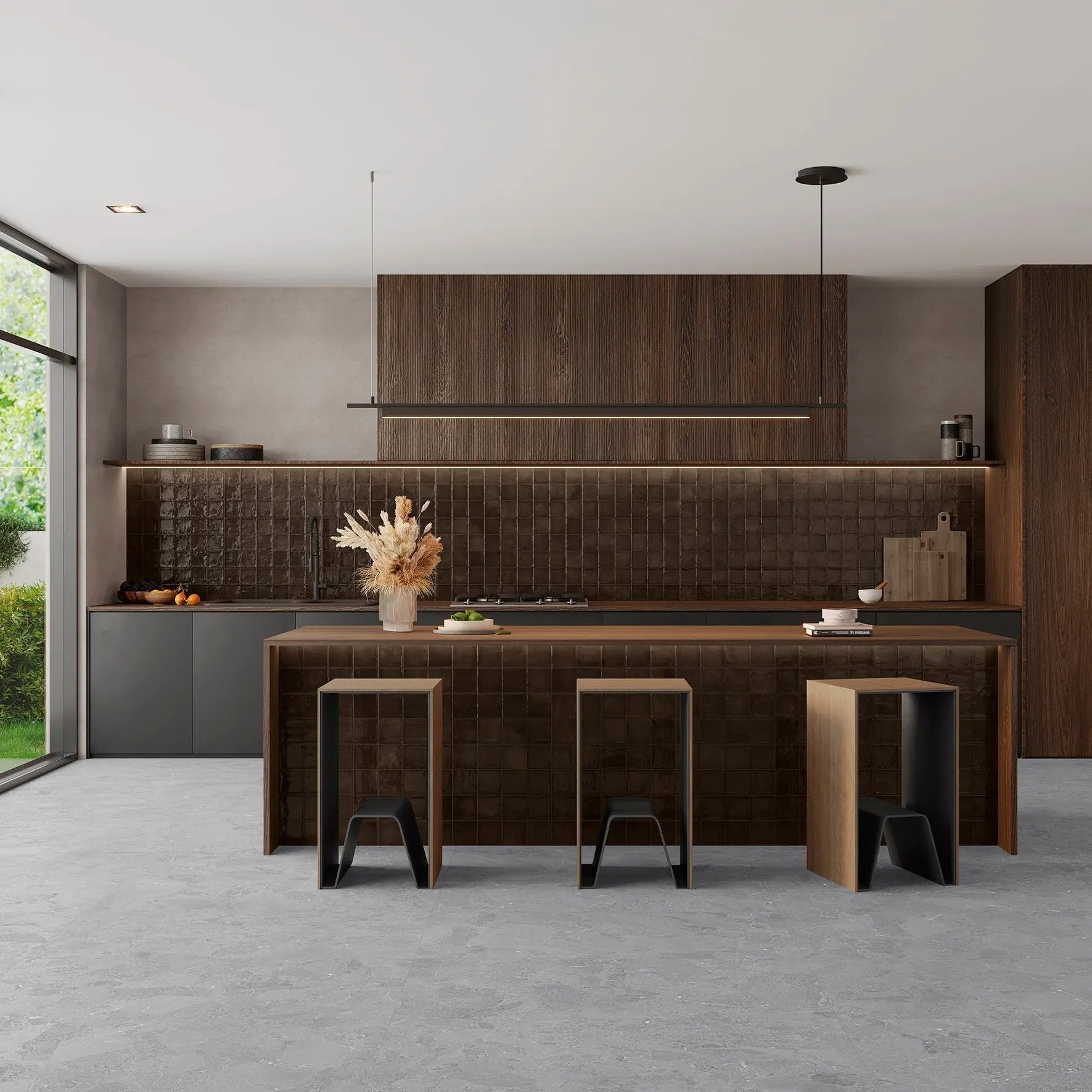 Dakota Chocolate gloss zellige-style wall tiles in a styled room setting