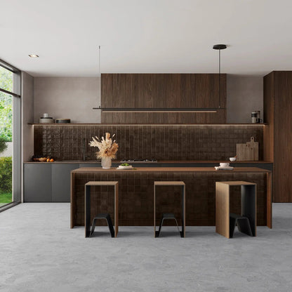 Dakota Chocolate gloss zellige-style wall tiles in a styled room setting