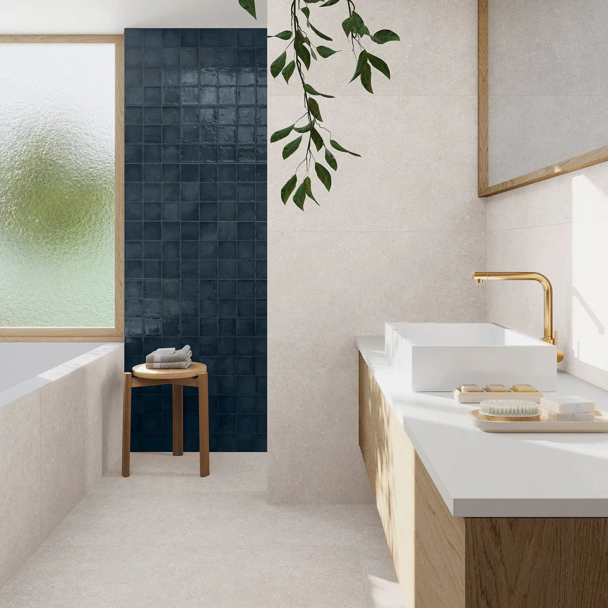 Dakota Bilberry blue-violet gloss wall tiles in a decorative interior