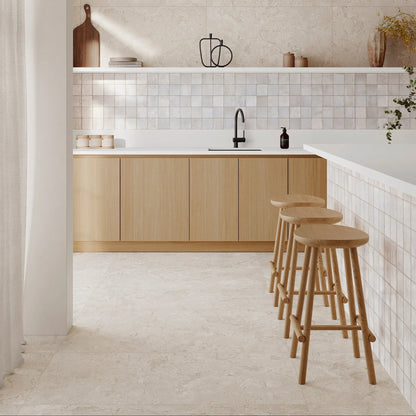 Dakota Pearl gloss wall tiles on a kitchen feature wall