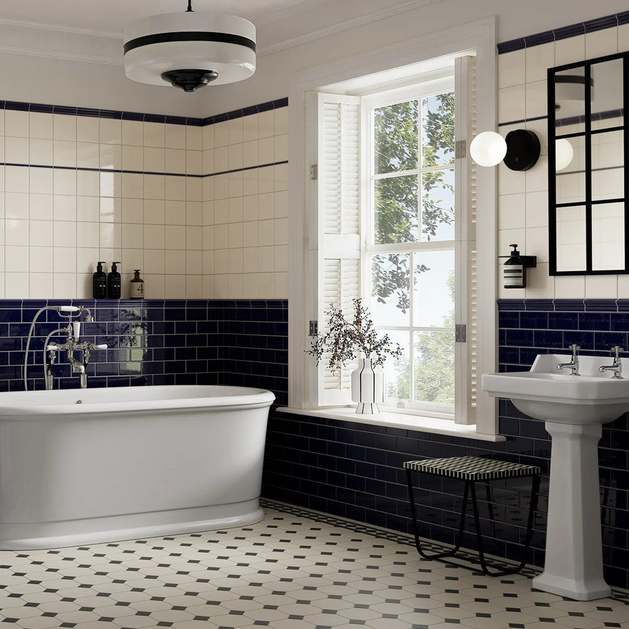 Windsor Kensington Blue 7.5 x 15cm ceramic gloss metro tile room setting