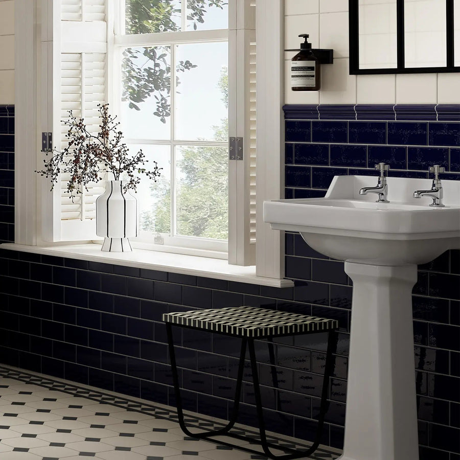 Windsor Kensington Blue 7.5 x 15cm ceramic gloss metro tile room setting