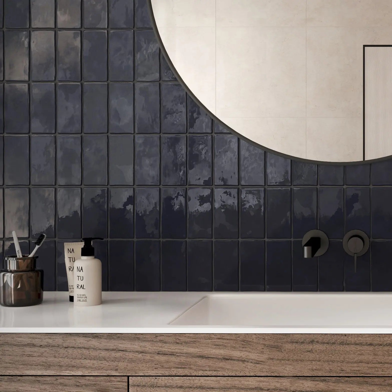 Remy French Navy gloss brick wall tile 6.5 x 13cm shown in a room setting