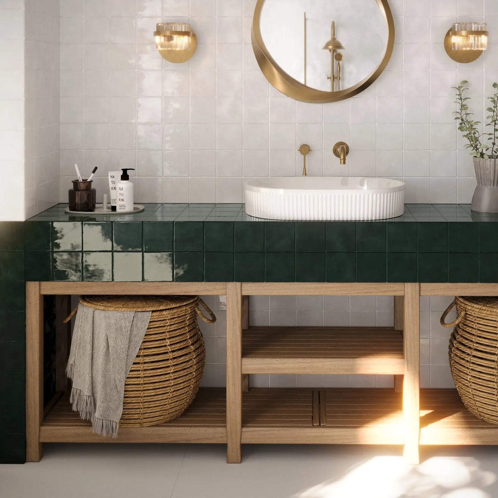 Remy Cloud Square Ceramic Tile 10x10cm in a bathroom setting